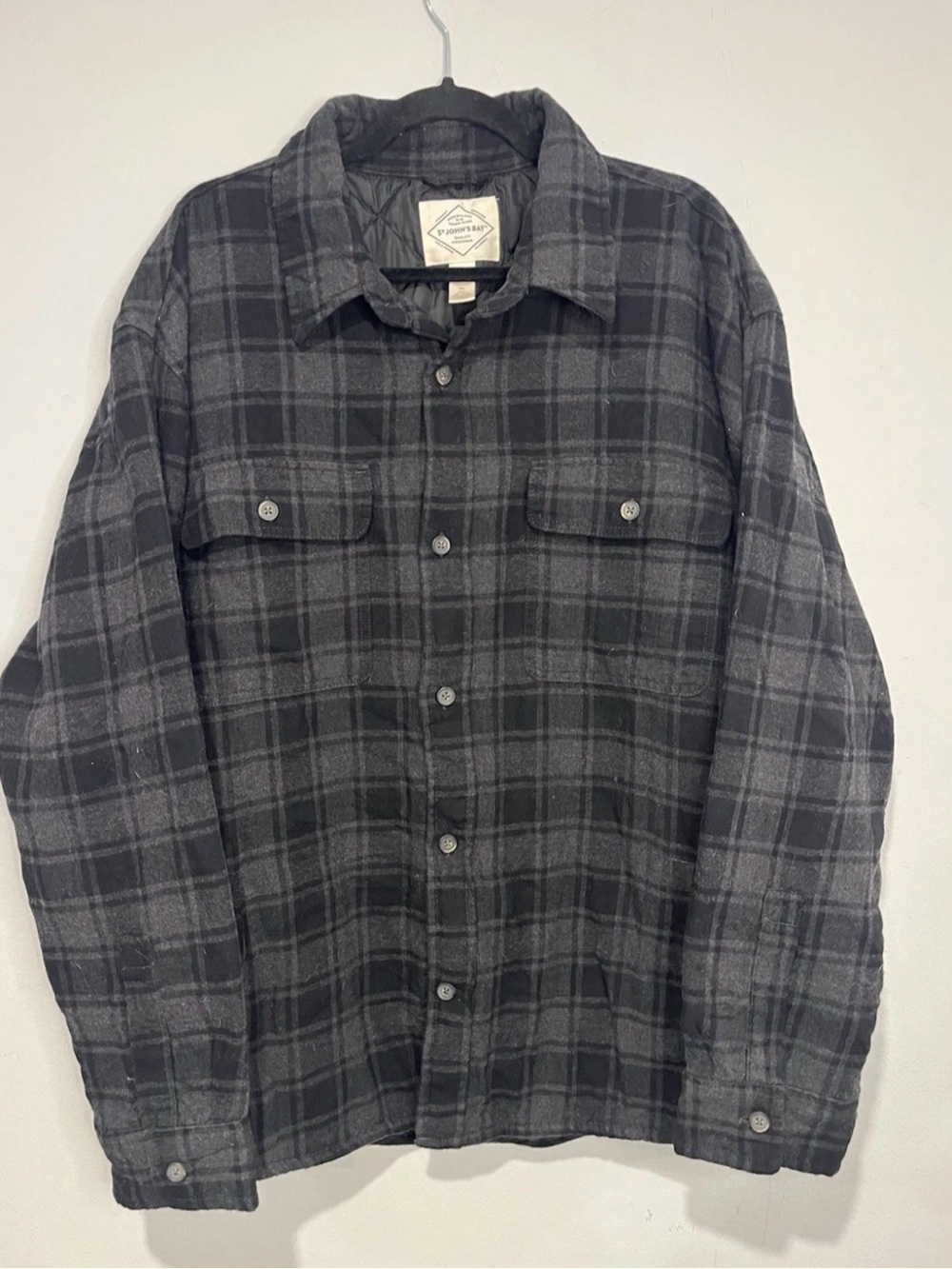 St. John’s Bay Men's Gray Plaid Button-Down Quilted Lined Flannel Shacket XXL